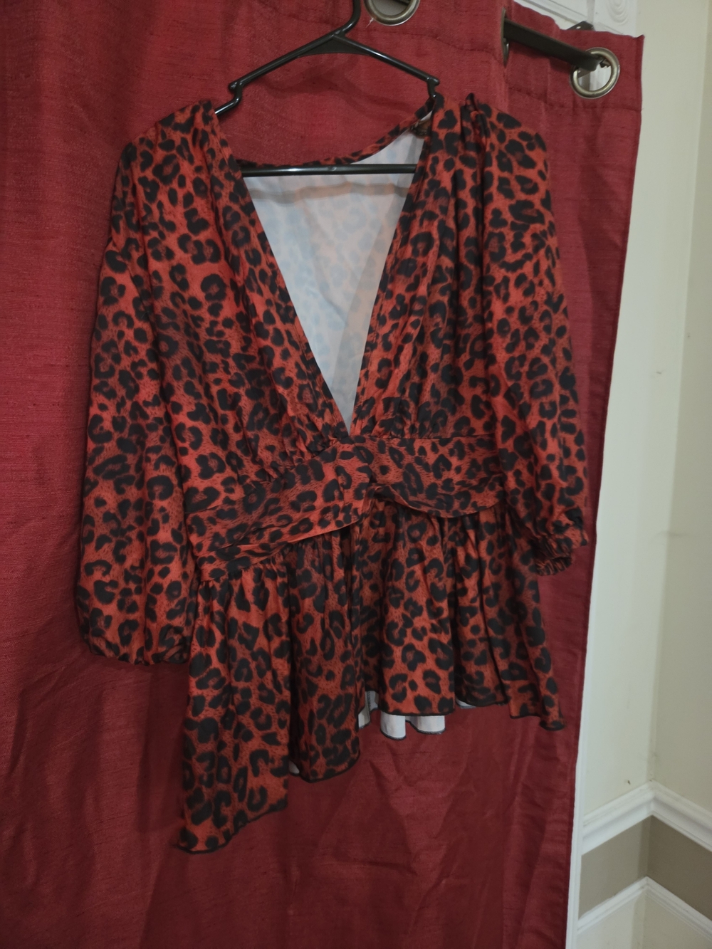 SHEIN Red & Black Leopard Print V-Neck Peplum Blouse